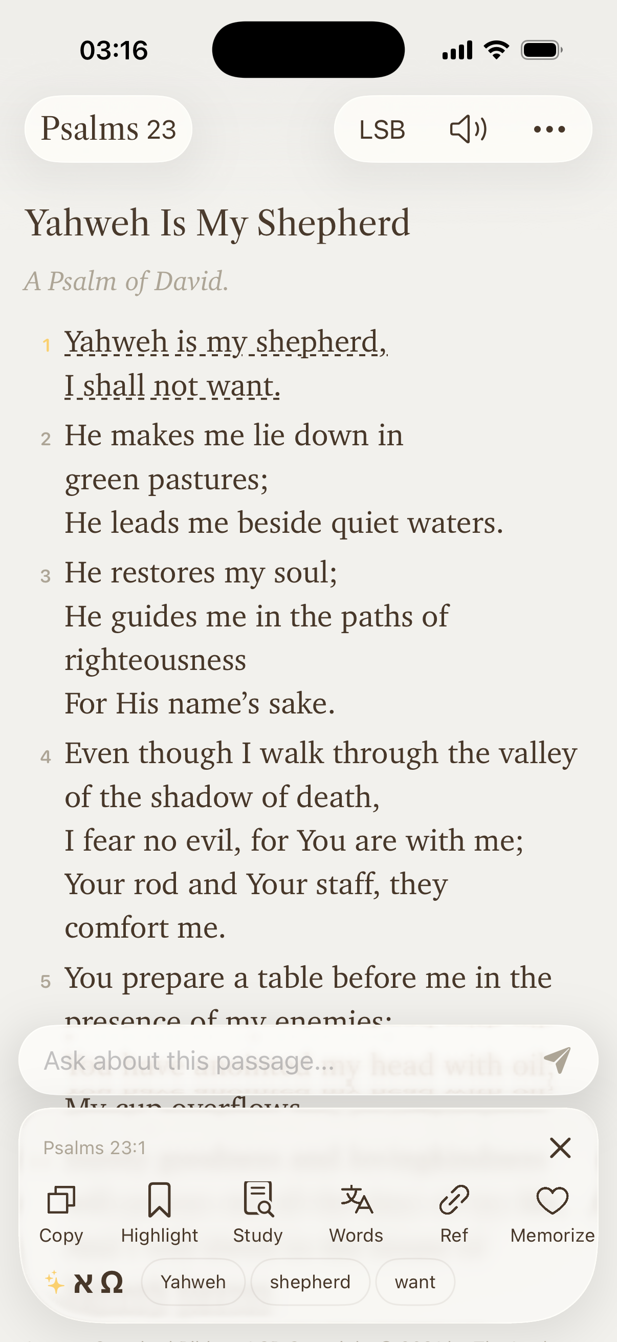 Conform LSB Bible reader showing Psalms 23 with verse actions for copy, highlight, study, words, references, and memorize