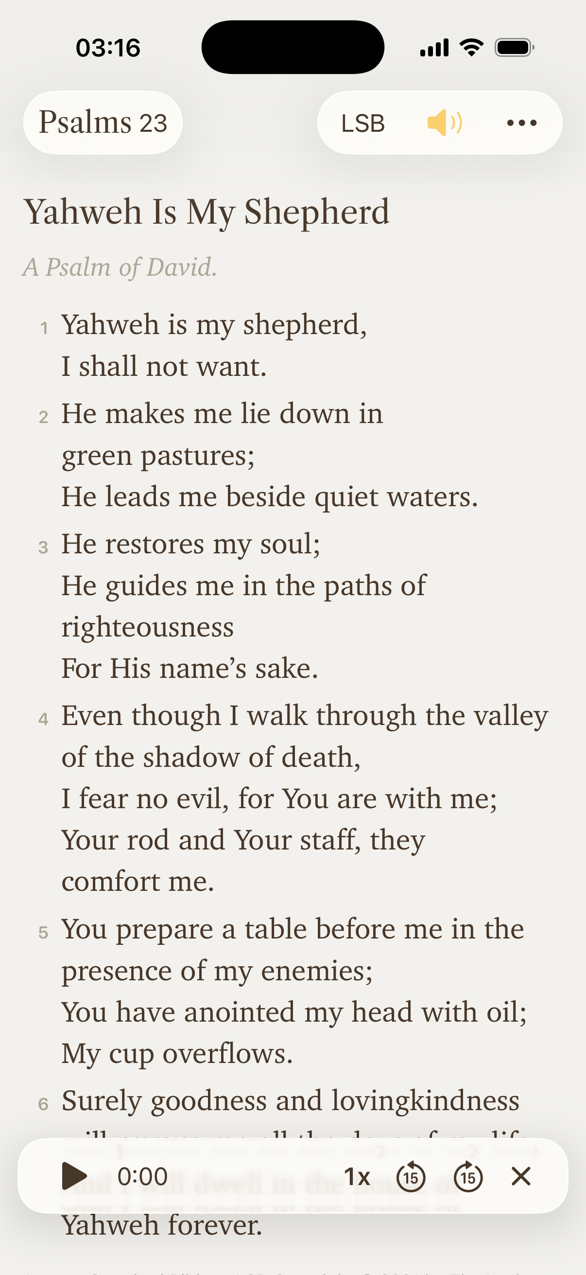 Conform LSB audio Bible playing Psalms 23
