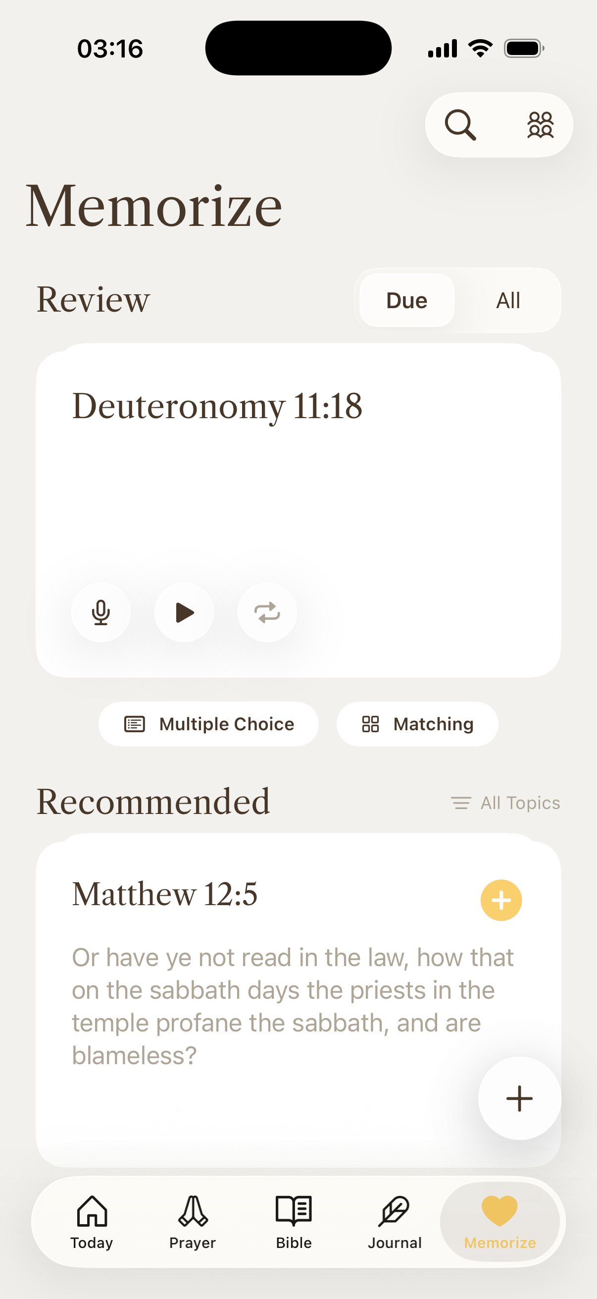 Conform Memorize tab showing today's review and recommended verses
