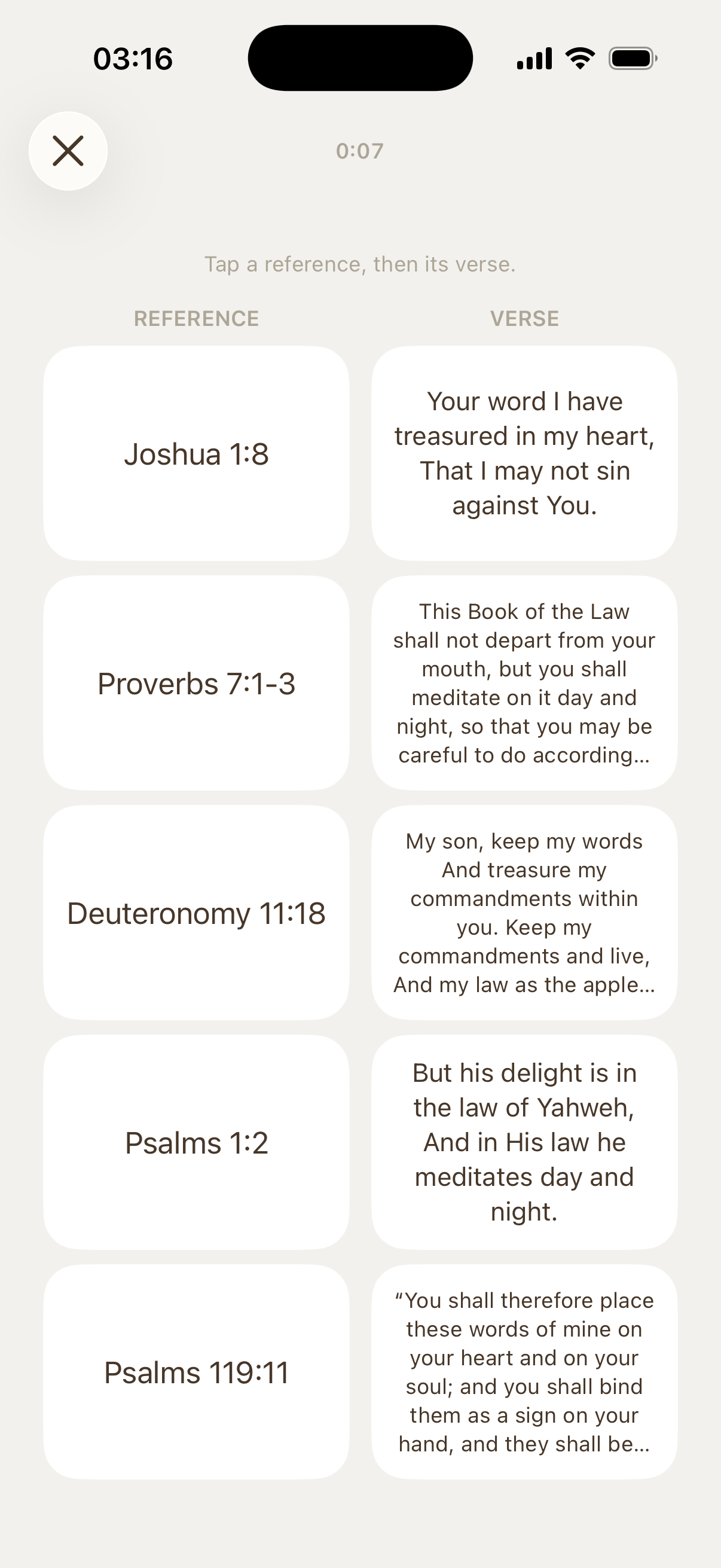 Conform matching game pairing Bible references with their verse text