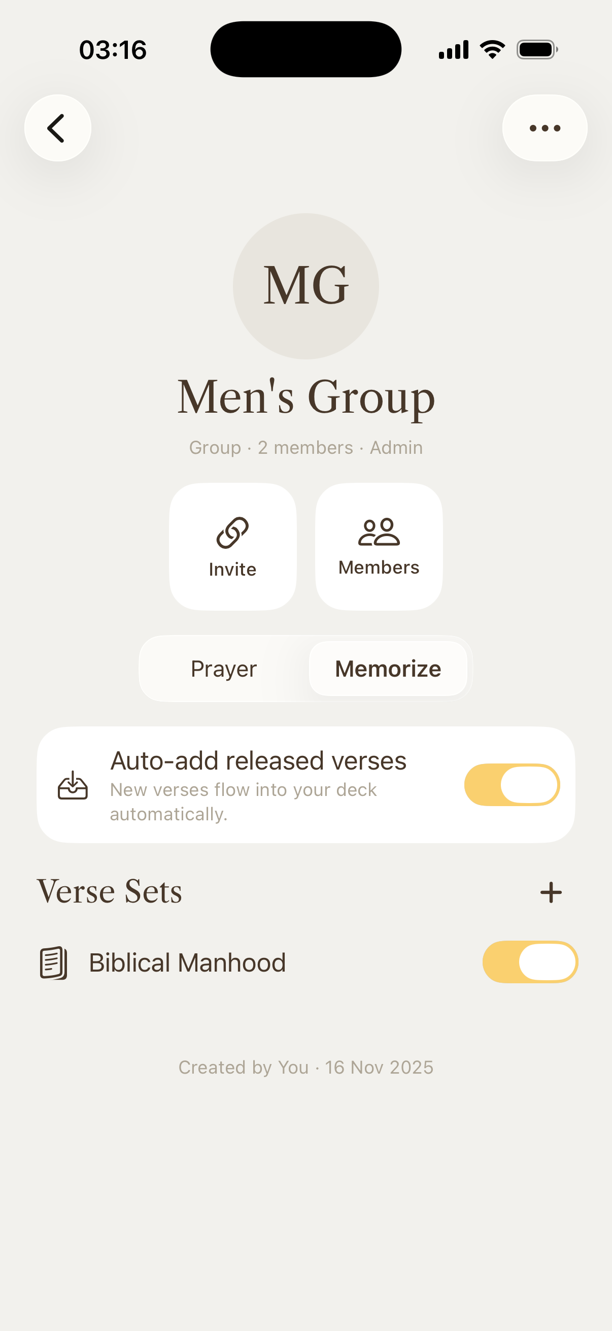 Conform Memory Group screen for a Men's Group with verse sets and members