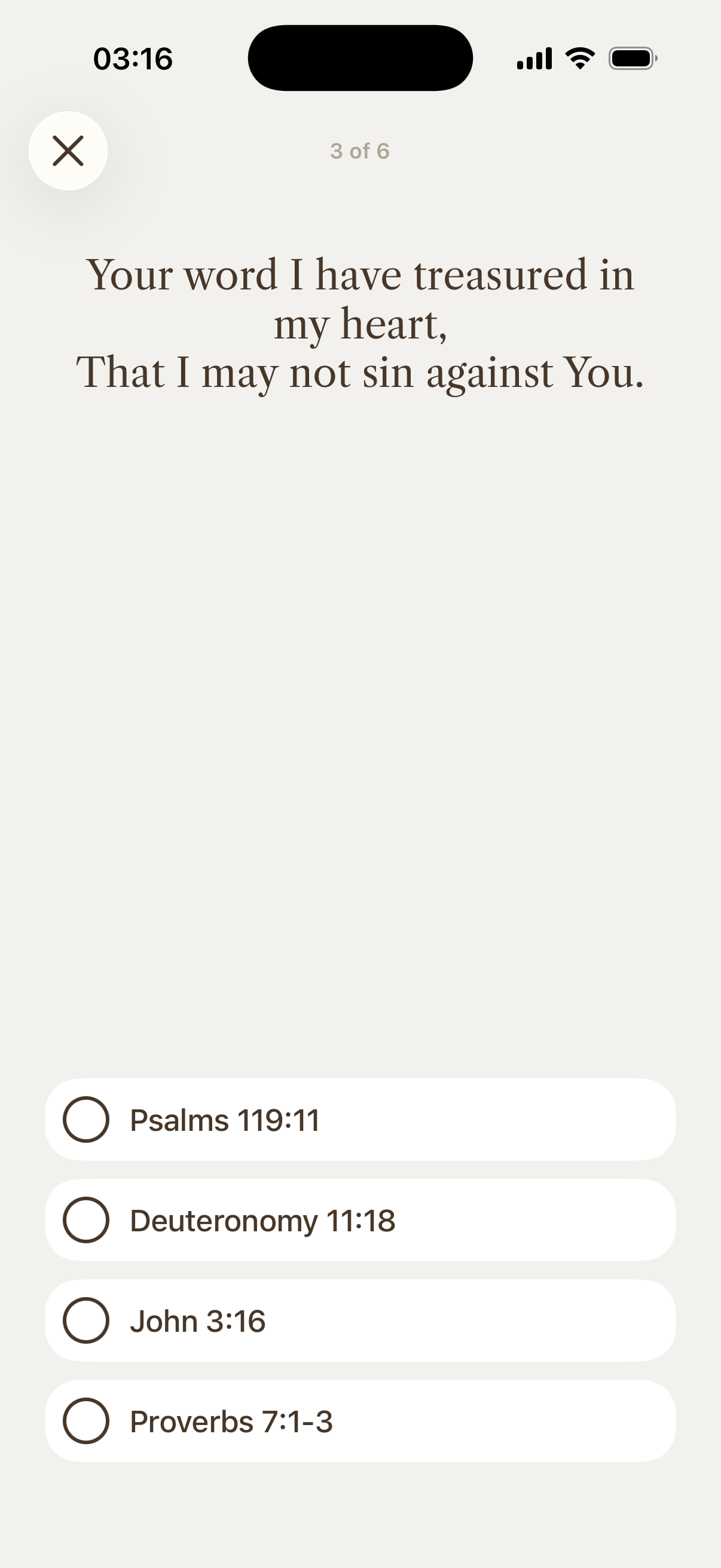 Conform multiple choice memorization showing a verse and four reference options
