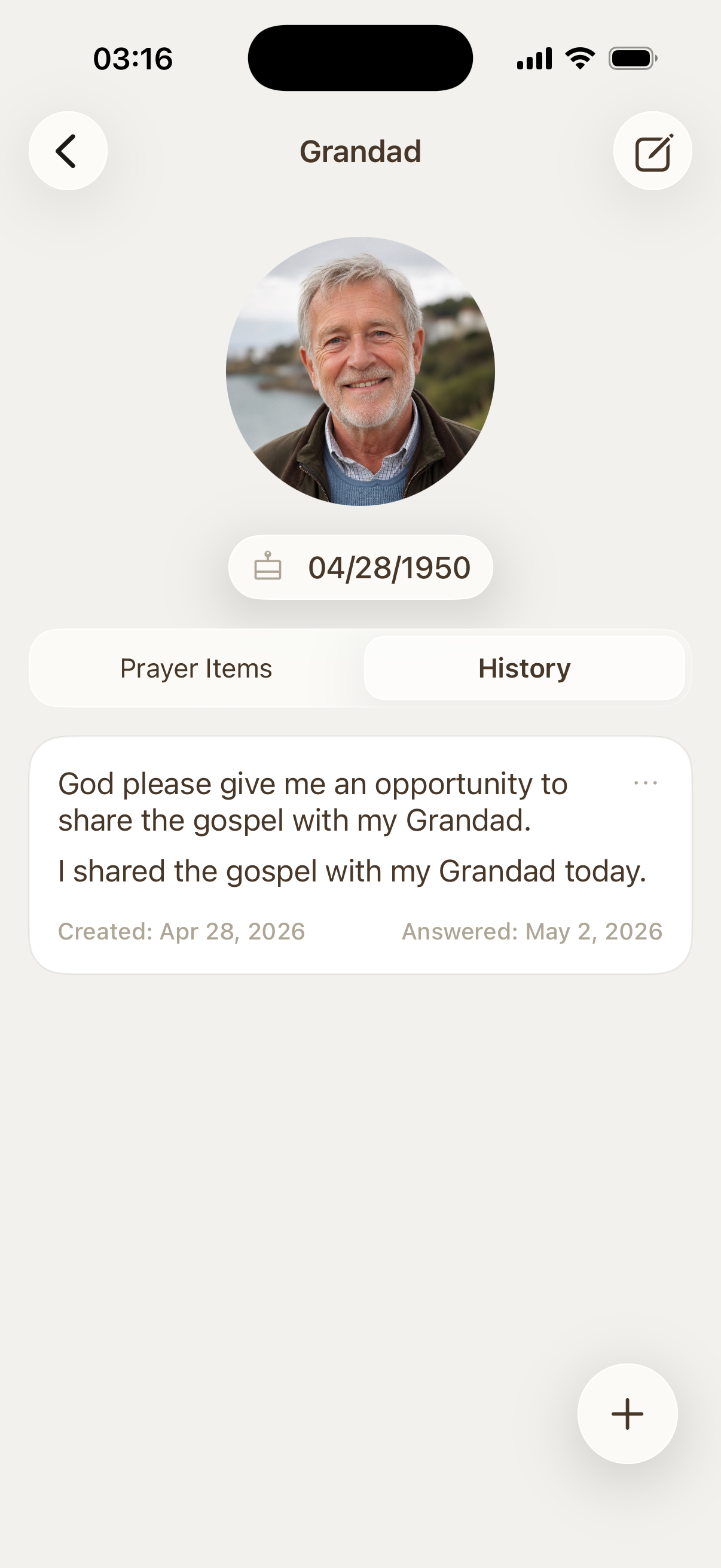 Conform answered prayer history for a prayer card showing the request and the answer with dates