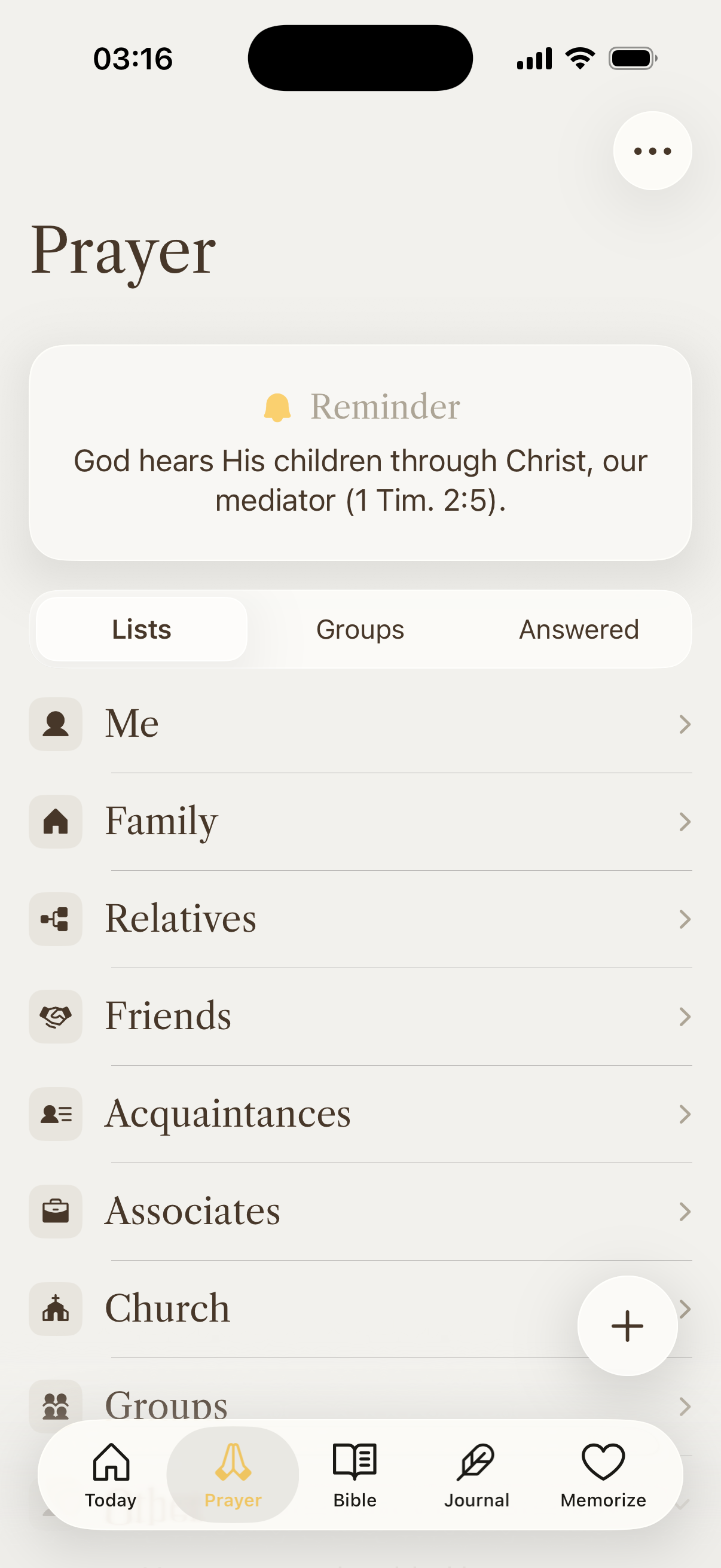 Conform Prayer dashboard with Lists view showing Me, Family, Relatives, Friends, Acquaintances, Associates, and Church