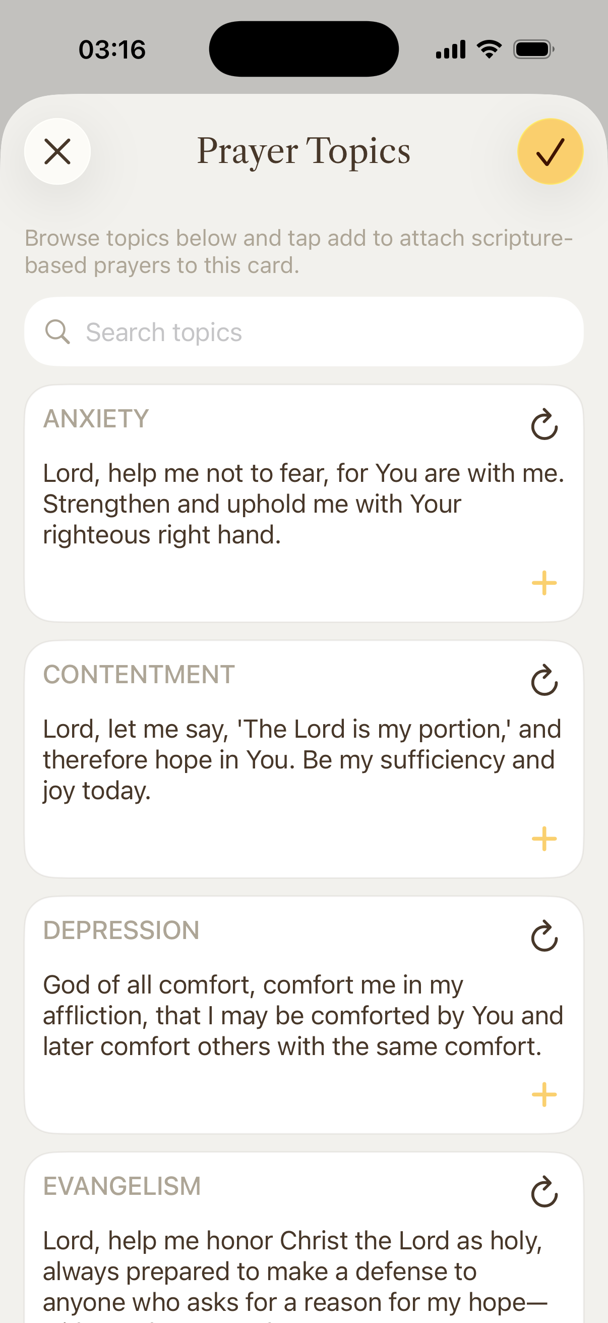 Conform Prayer Topics with Scripture-based prayers for Anxiety, Contentment, Depression, and Evangelism