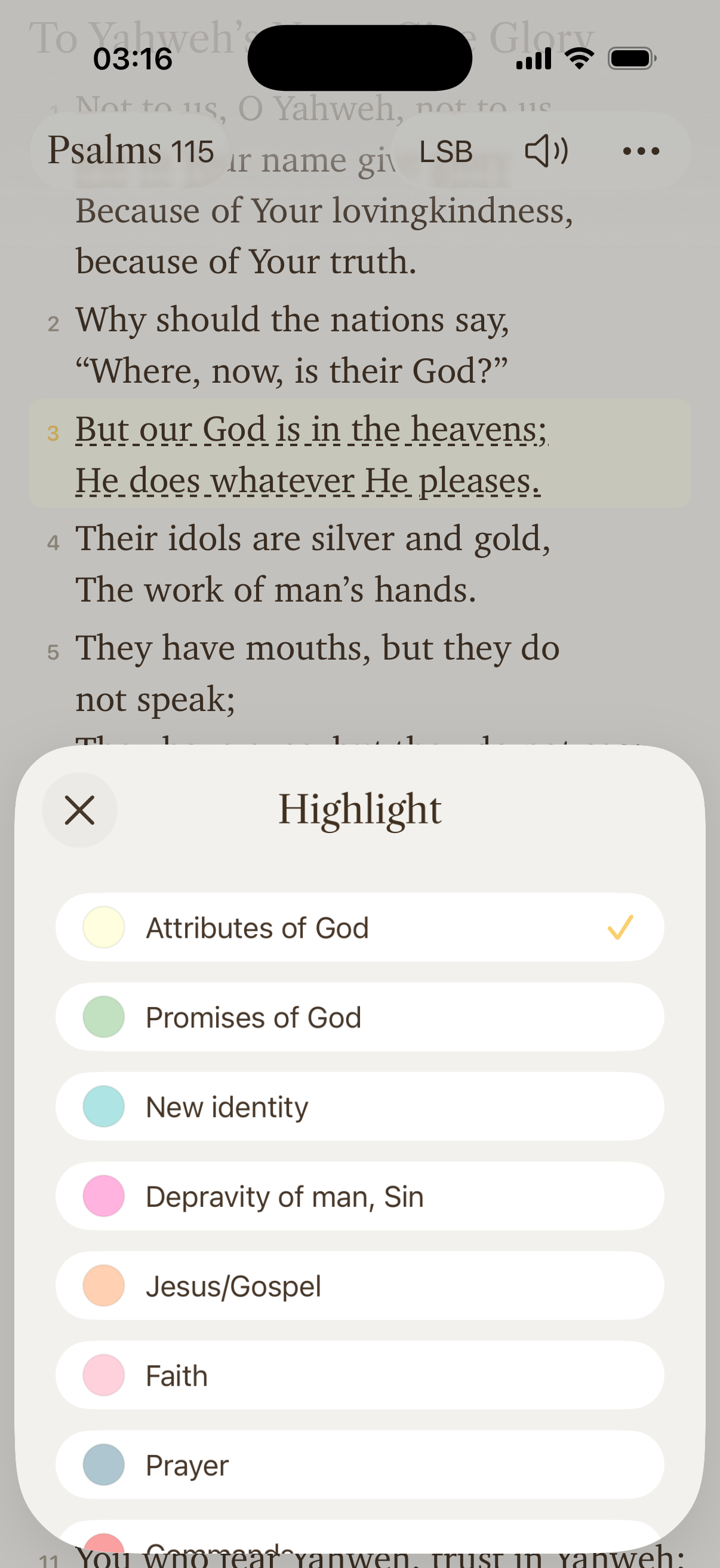 Conform highlight system showing theological categories like Attributes of God and Promises of God